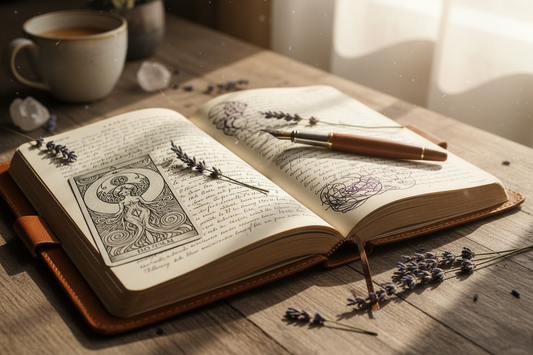 An open Tarot journal with a card, fountain pen, pressed lavender, and morning light