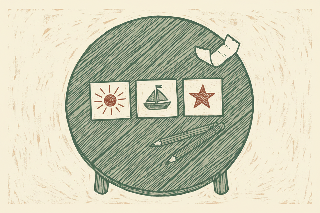 A woodcut illustration of a child's table with three hand-drawn picture cards showing a sun, boat, and star, plus pencils, in sage, rust, and cream