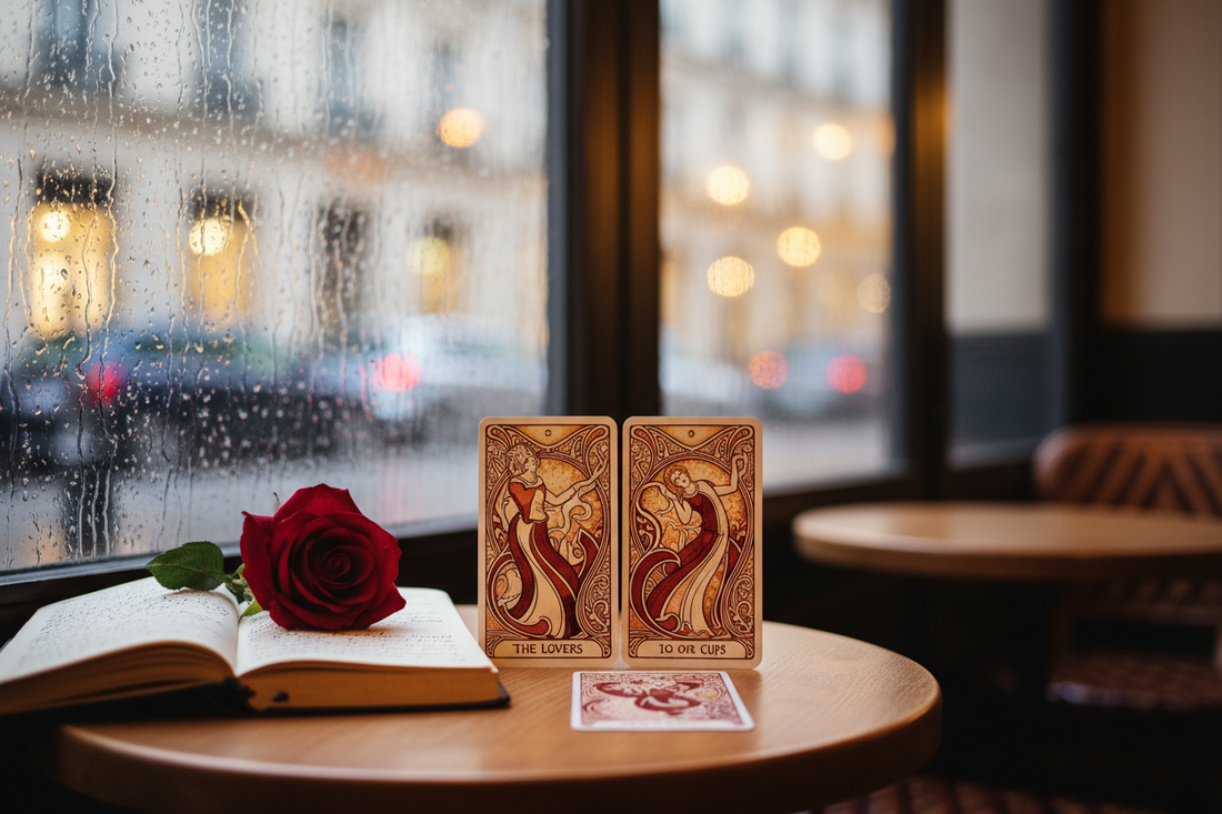 Two Tarot cards on a cafe table beside a journal and red rose in rainy window light