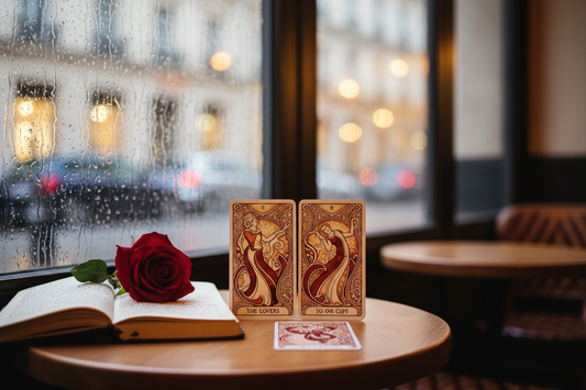 Two Tarot cards on a cafe table beside a journal and red rose in rainy window light