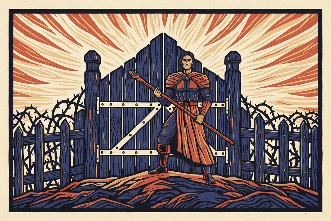Handmade two-block woodcut of a person standing on a hill with a closed garden gate and open sky