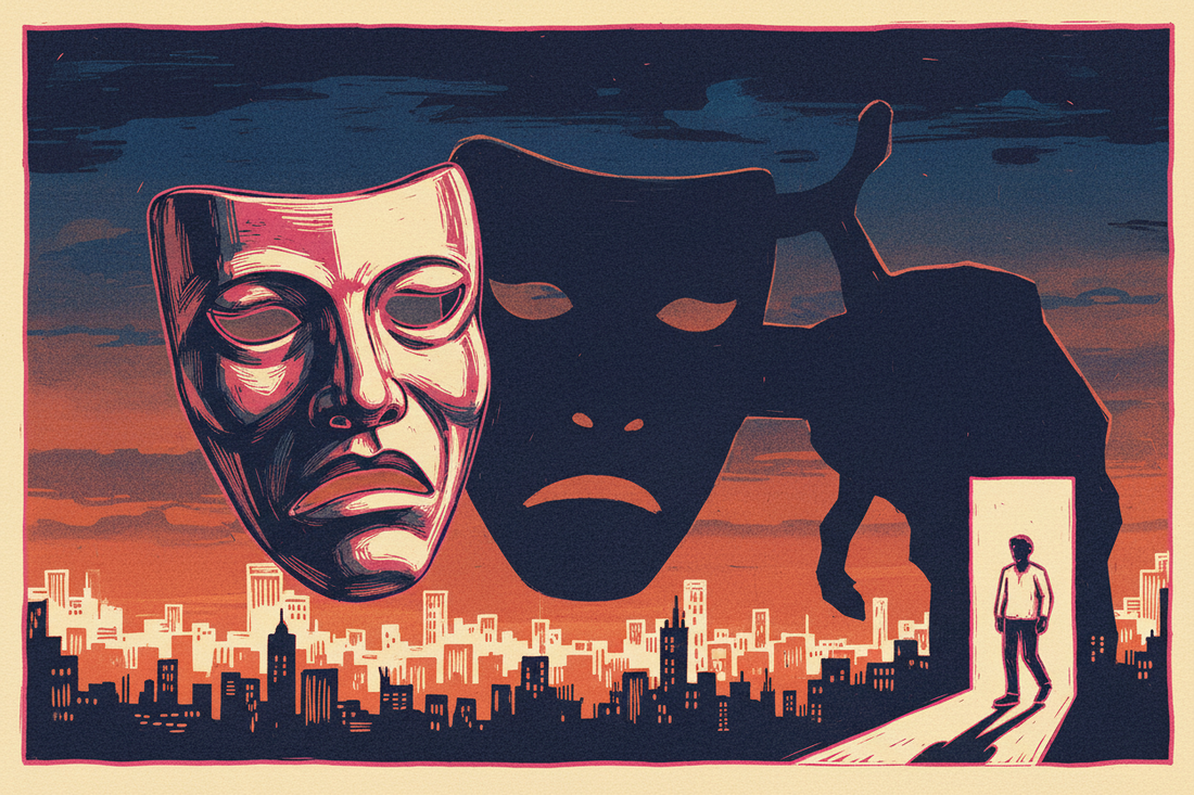 Handmade reduction linocut of a theater mask casting a large shadow while a person steps into daylight