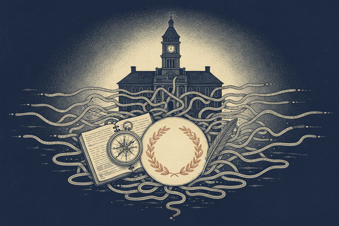 Etched-line editorial artwork showing a compass, notebook, town hall silhouette, and paths meeting at a calm center
