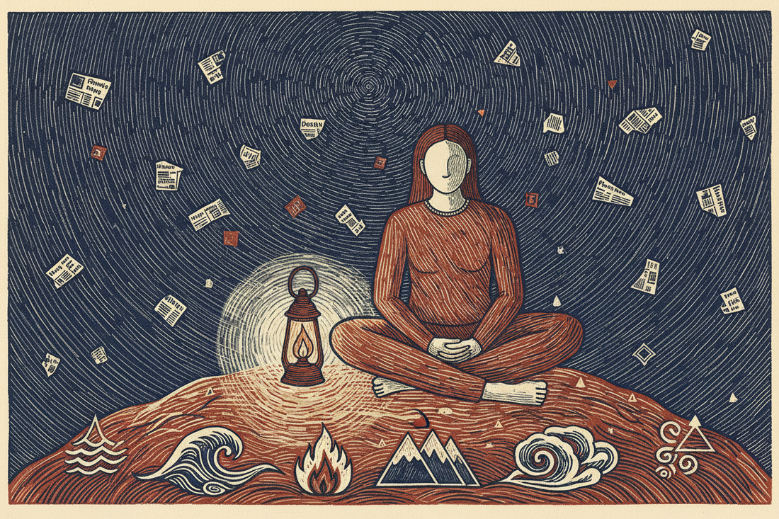 Handmade reduction linocut showing a grounded figure beneath a night sky with drifting abstract news shapes and a lantern