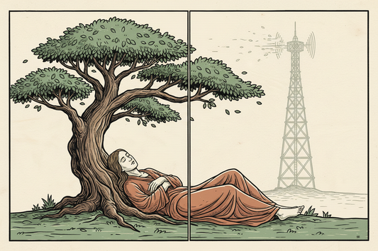 Handmade two-block woodcut of a person resting beneath a tree while a distant radio tower fades into the sky