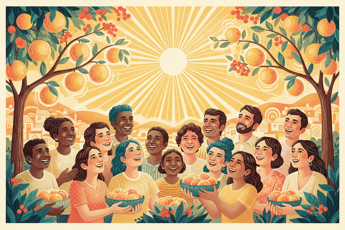 Handmade screenprint of neighbors gathered around bright fruit trees and shared sunlight