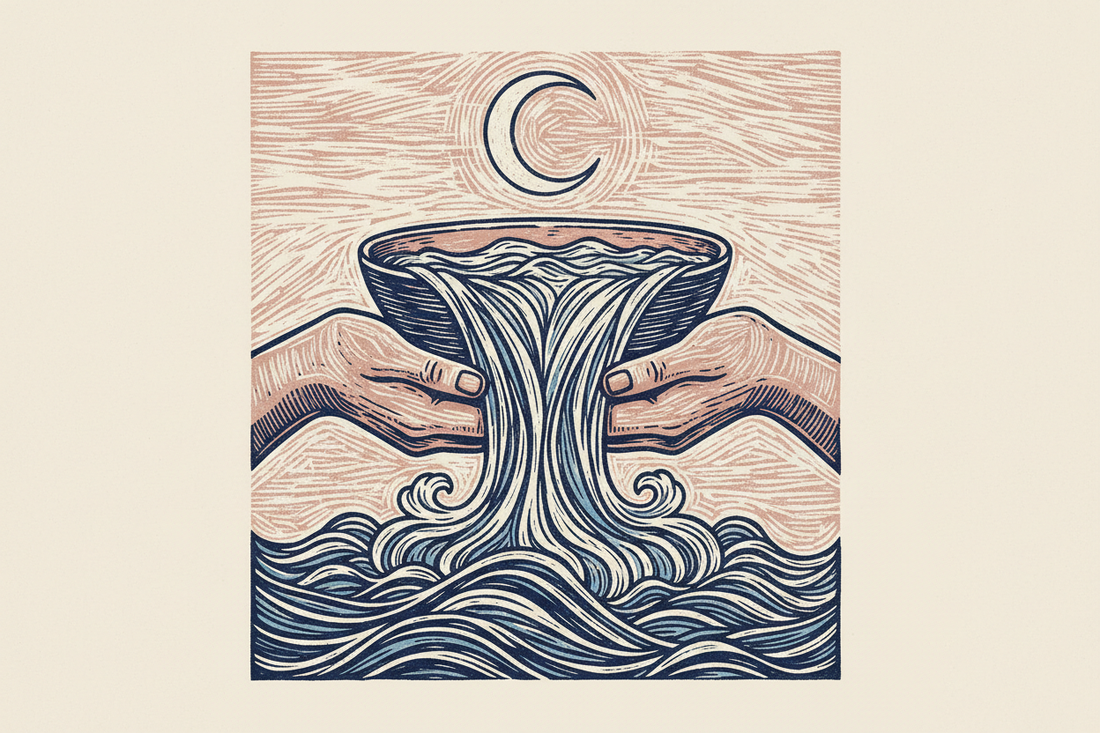 Handmade linocut artwork of a bowl of water shared between hands beneath a soft moon