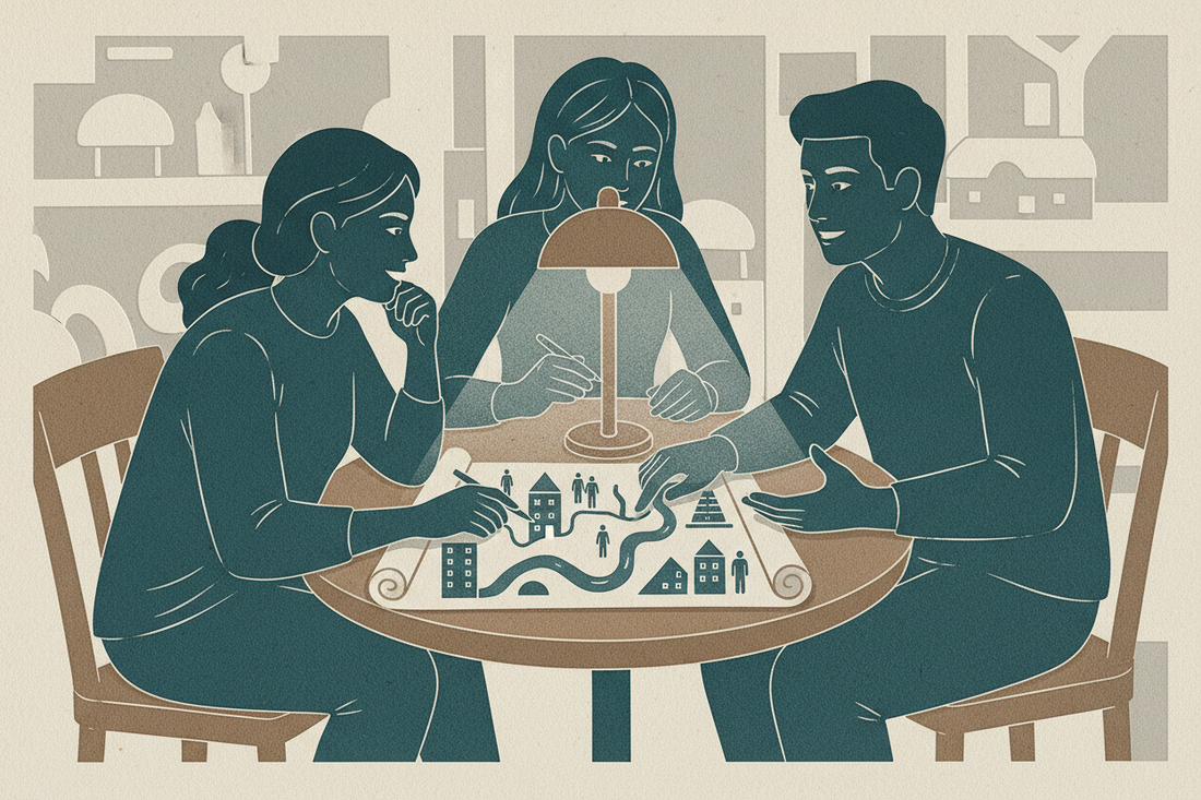Handmade blind-embossed relief artwork of neighbors gathered around a small table with a shared lamp