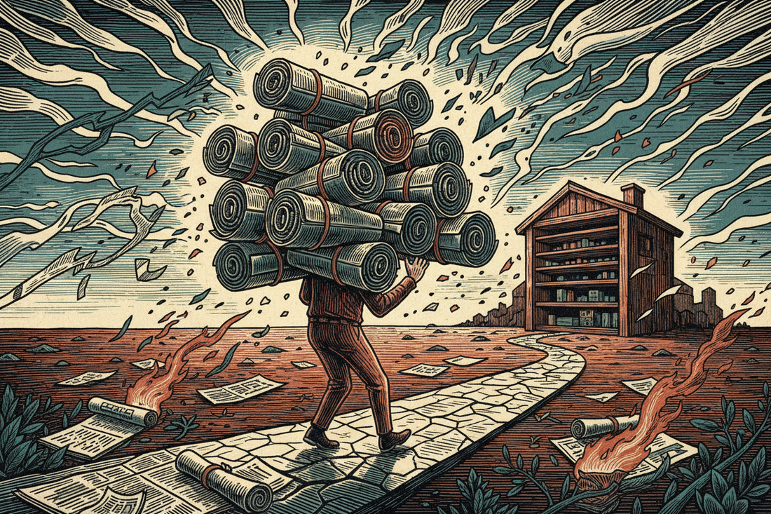 Handmade woodcut artwork of a figure carrying bundles of newspapers toward a place to set them down