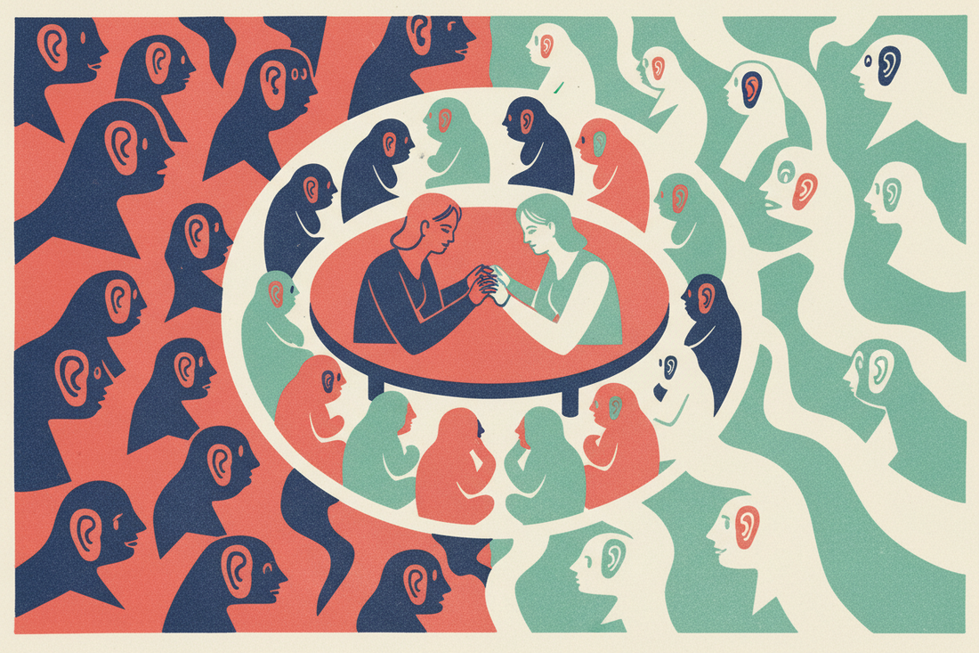 Handmade risograph artwork of two paths meeting at a shared table with listening figures