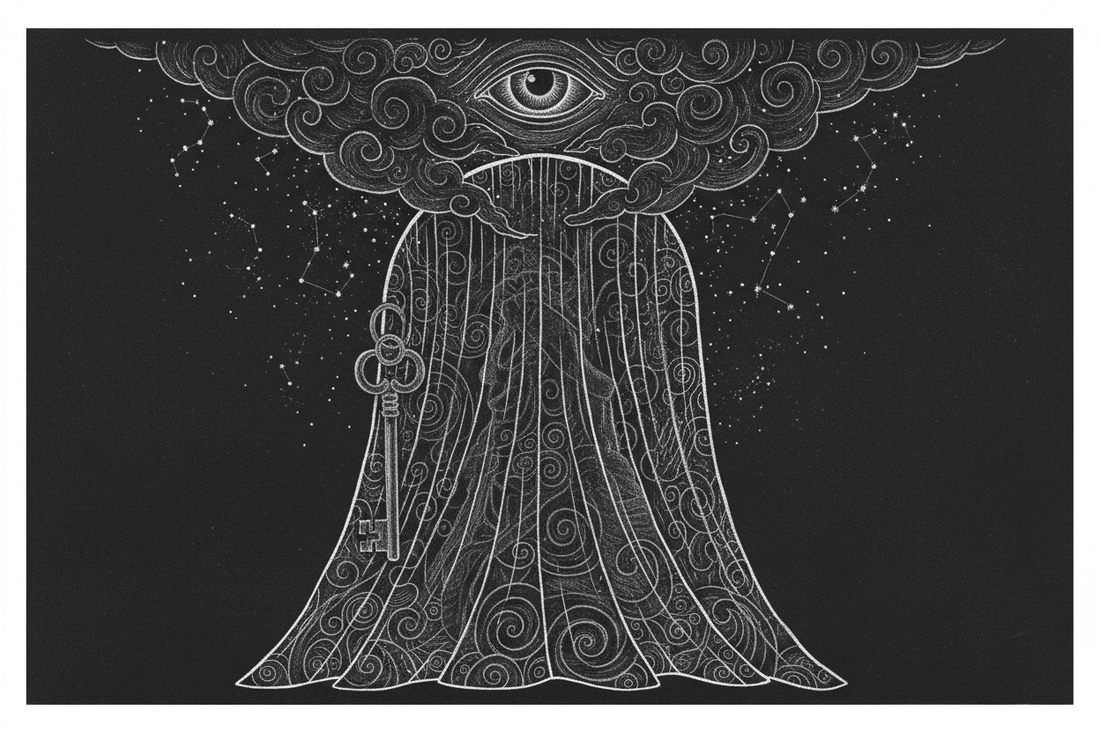 Handmade scratchboard artwork of a veiled doorway, a key, and constellations hidden behind dark layers
