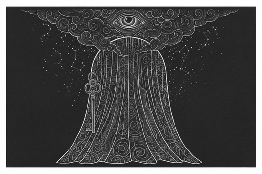 Handmade scratchboard artwork of a veiled doorway, a key, and constellations hidden behind dark layers