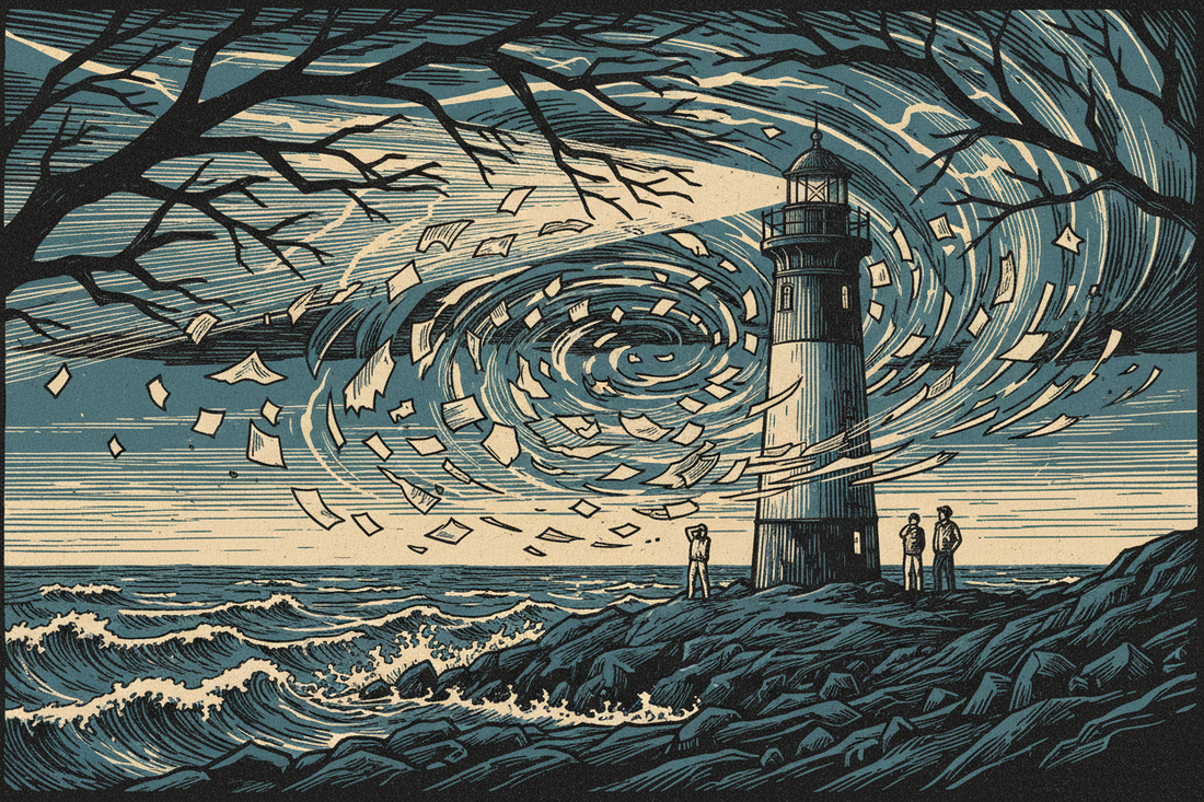 Handmade woodcut showing a lighthouse standing through wind and lightning beside a steady shoreline