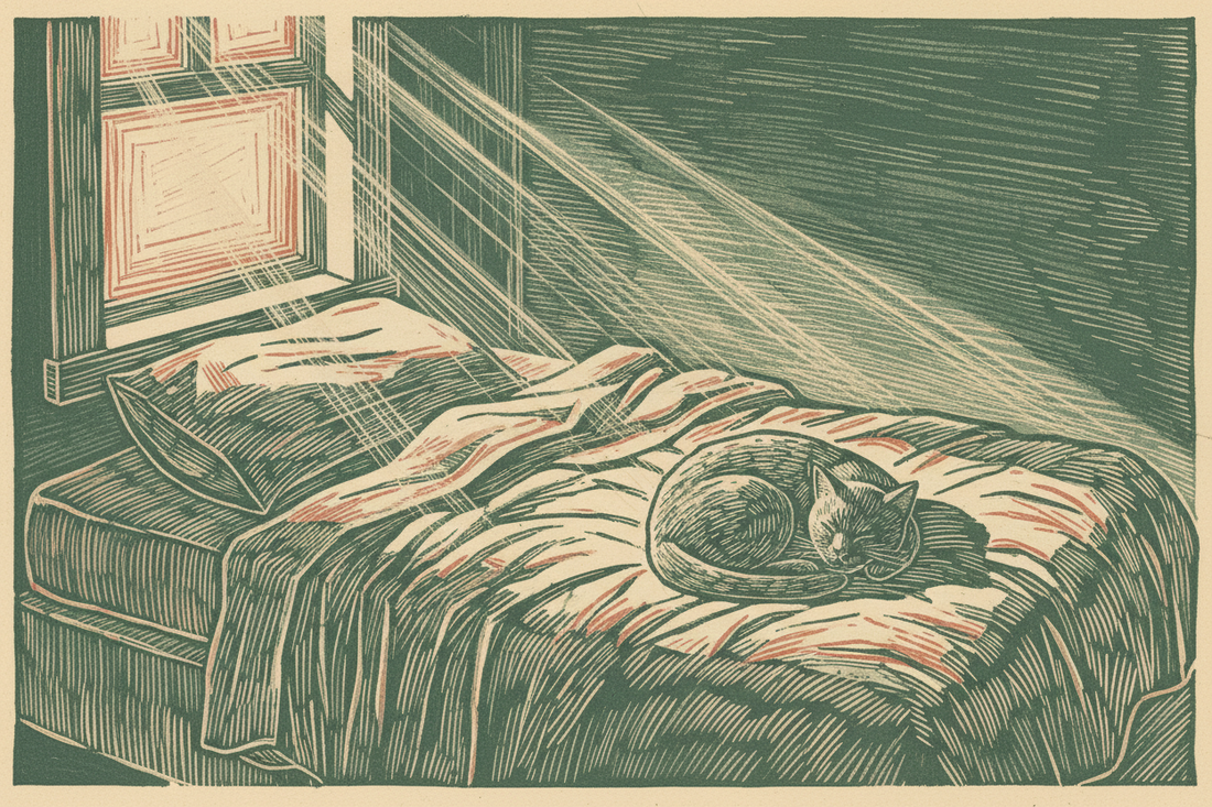 A woodcut illustration of an unmade bed with a curled cat and carved window light, in sage, rust, and cream