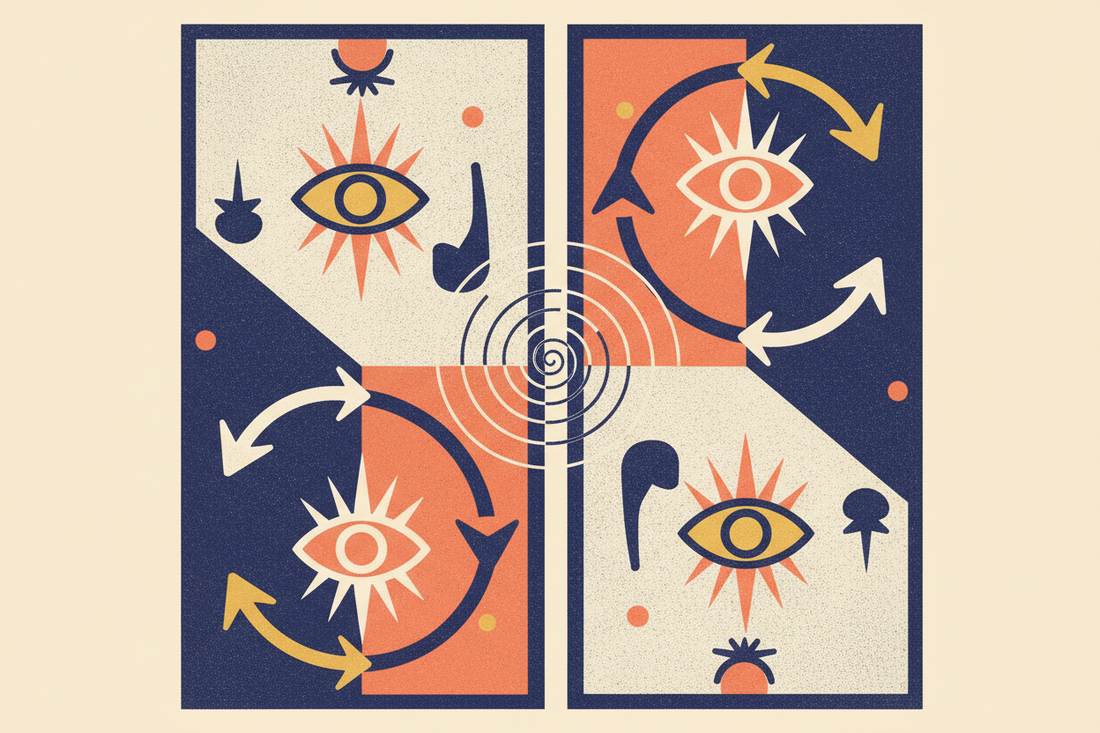 A graphic Tarot card shown upright and reversed as mirrored indigo and coral shapes