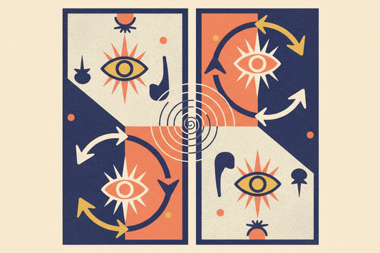 A graphic Tarot card shown upright and reversed as mirrored indigo and coral shapes