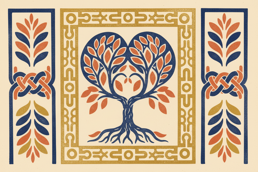 Folk-art illustration of two young trees grown from one root leaning toward each other, framed by knotted cord panels in indigo, terracotta, and gold.