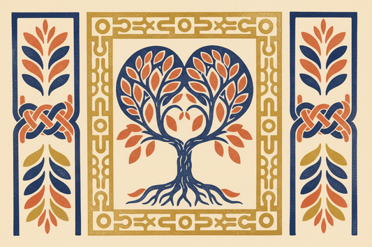 Folk-art illustration of two young trees grown from one root leaning toward each other, framed by knotted cord panels in indigo, terracotta, and gold.