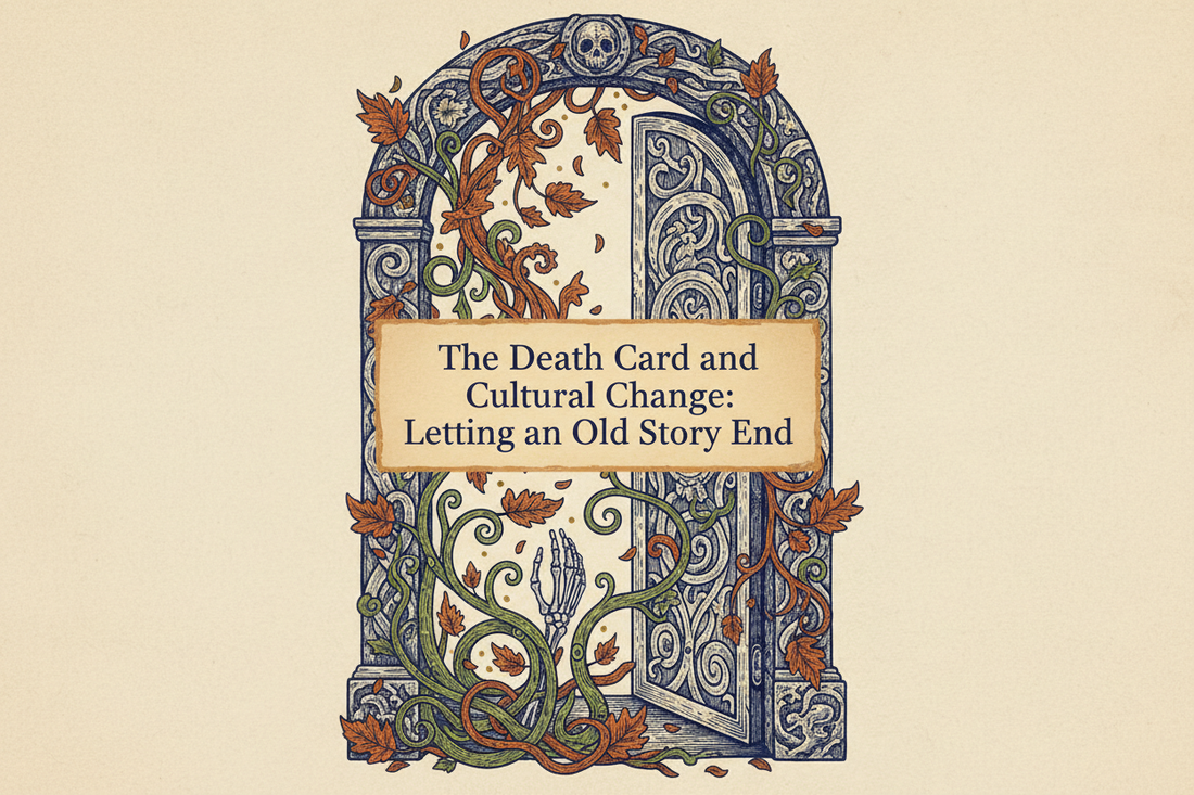 The Death Card and Cultural Change: Letting an Old Story End, with an ornate open doorway, autumn leaves, vines, and new growth