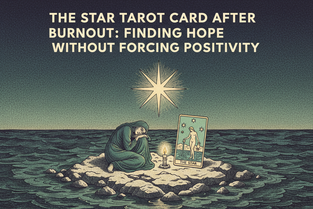 The Star Tarot card after burnout, a quiet star above water with a resting figure and candle