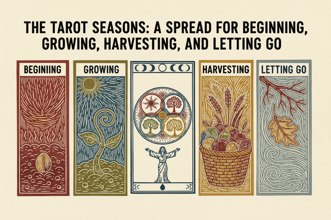 The Tarot Seasons, a four-part cover showing beginning, growing, harvesting, and letting go