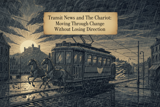 Transit News and The Chariot: Moving Through Change Without Losing Direction, with a rain-soaked tram moving toward a clear horizon