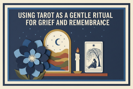 A gentle Tarot ritual for grief and remembrance with a blue flower, moon, doorway, and candle