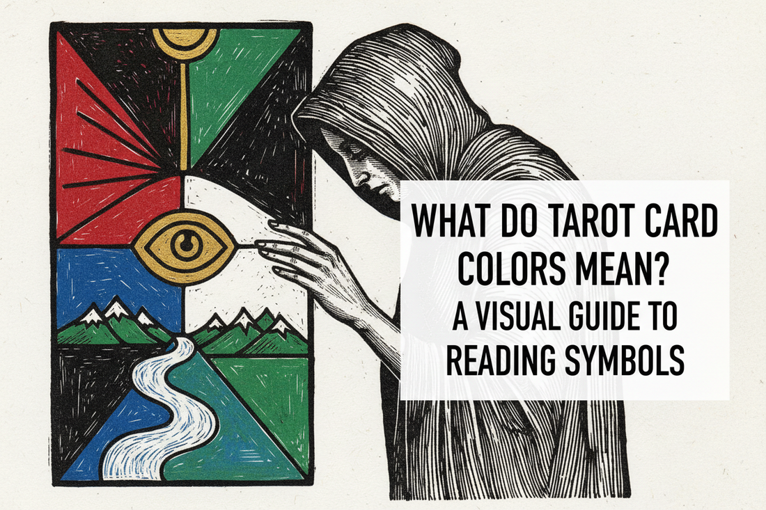 Tarot card color symbolism in red, blue, green, gold, black, and white