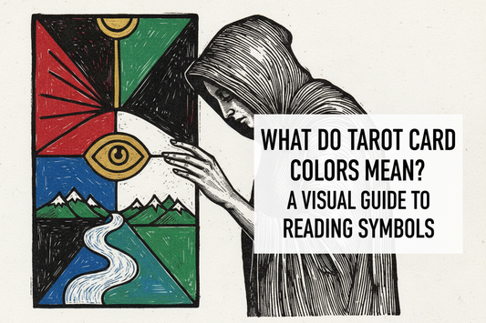 Tarot card color symbolism in red, blue, green, gold, black, and white