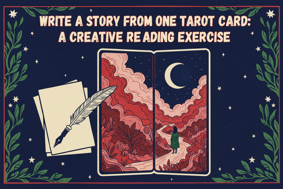 Write a story from one Tarot card, with a glowing card, an open journal, and creative writing symbols