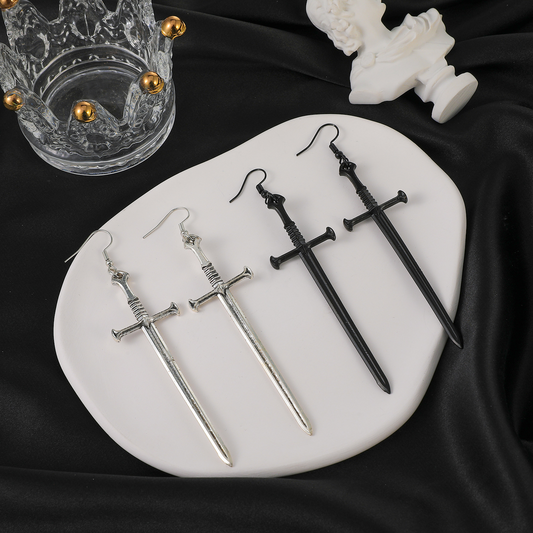Gothic Medieval Sword Earrings | Black & Silver