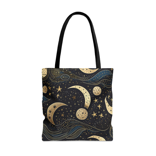 Starry Celestial Moon Tote Bag | Aesthetic Abstract Design, Midnight Moon in the Night Sky | Space, Stars, Planets, Galaxies | Astronomy