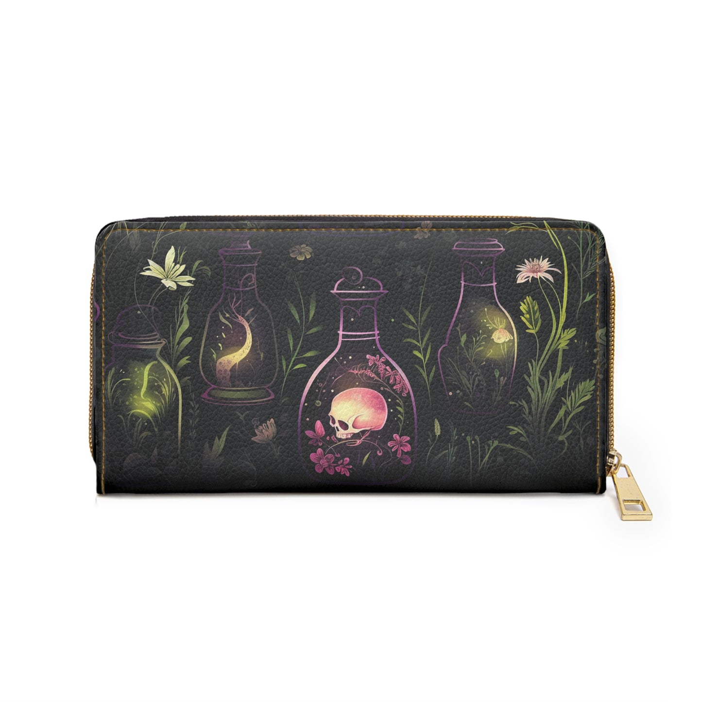 Dark Forest Skull Zipper Wallet | Witchy Tinctures in the Eerie Dark Forest Faux Leather Wallet