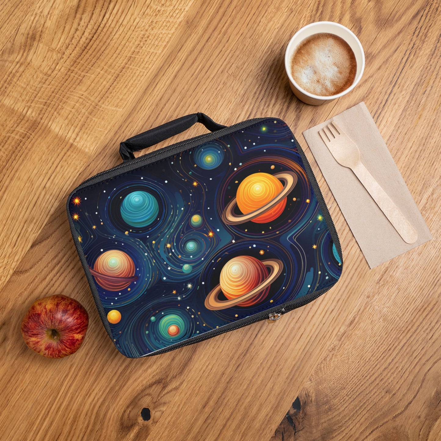 Celestial Planets Lunch Bag | Cosmic and Starry Saturn Pattern