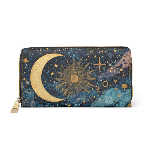 Whimsigoth Moon & Sun Celestial Zipper Wallet — Whimsical Nightscape Wallet
