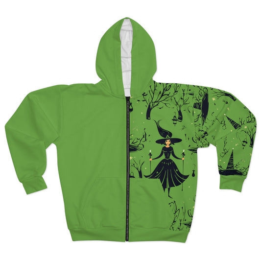 Green Witch in the Dark Forest Unisex Zip Hoodie | Aesthetic Witchy, Witch Apparel Design