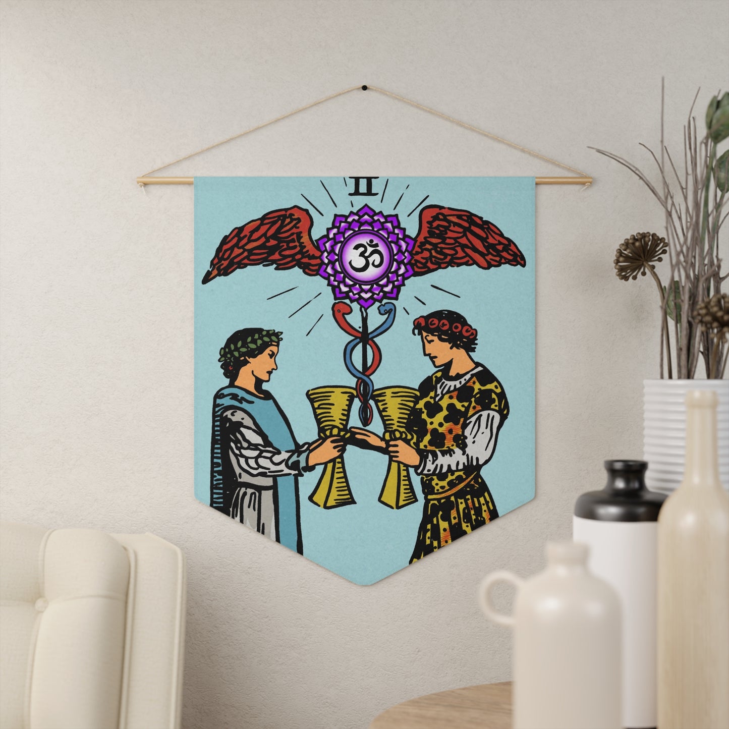 'Two of Cups' Tarot Card Hanging Wall Pennant | Divination, Minor Arcana Art | Crown Chakra and Caduceus