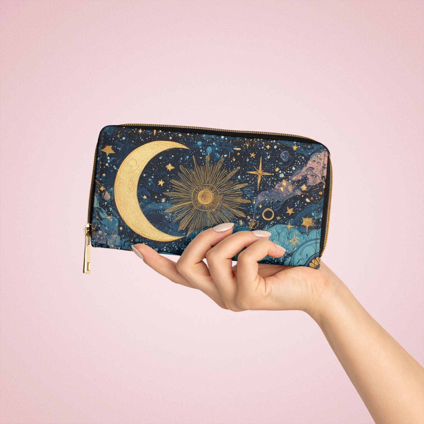 Whimsigoth Moon & Sun Celestial Zipper Wallet — Whimsical Nightscape Wallet