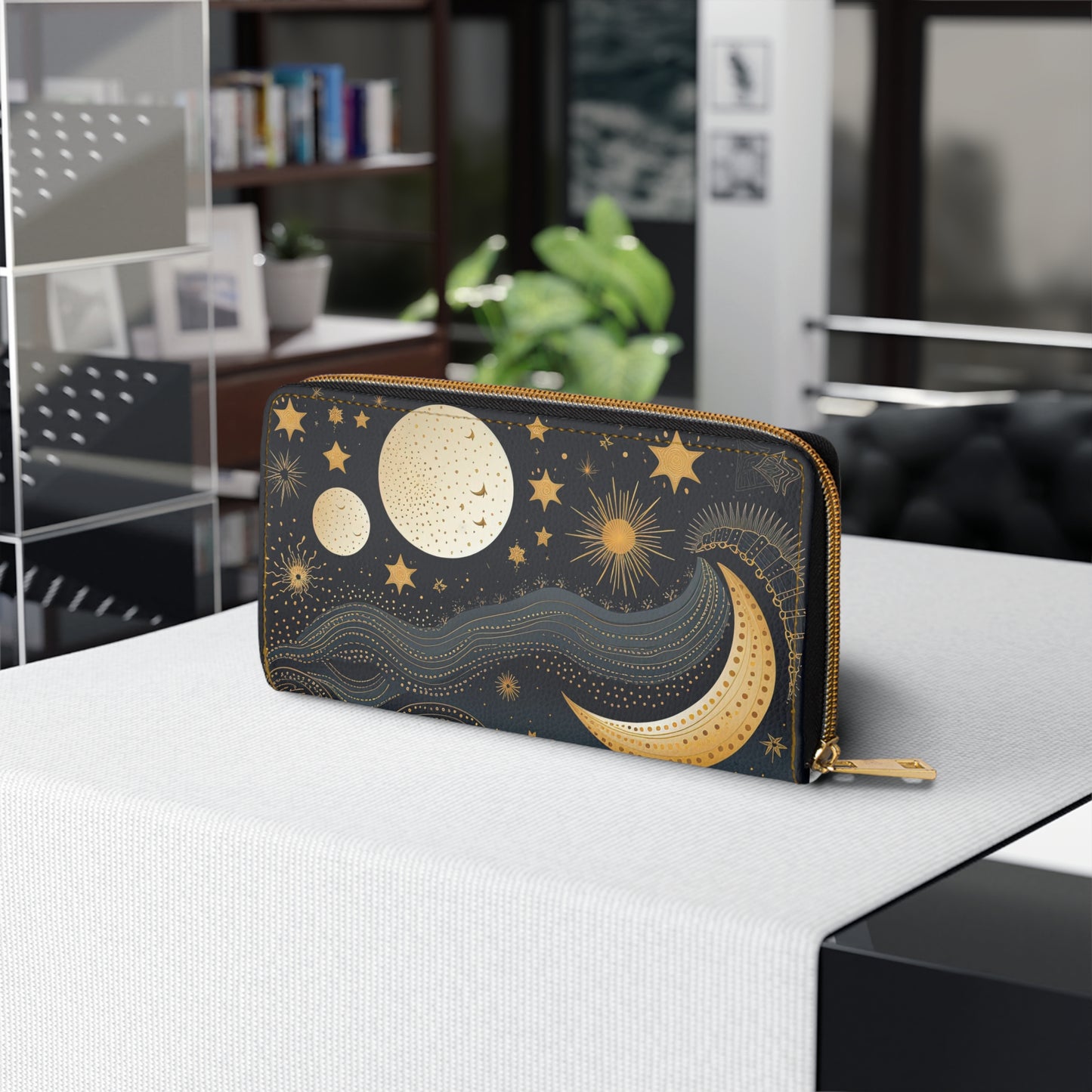 Celestial Moon Zipper Wallet | Cosmic Stars Wallet Design