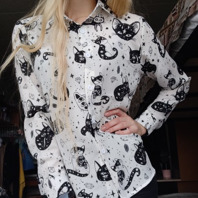 Women's Witchy Spiritual Cat Button Up Shirt