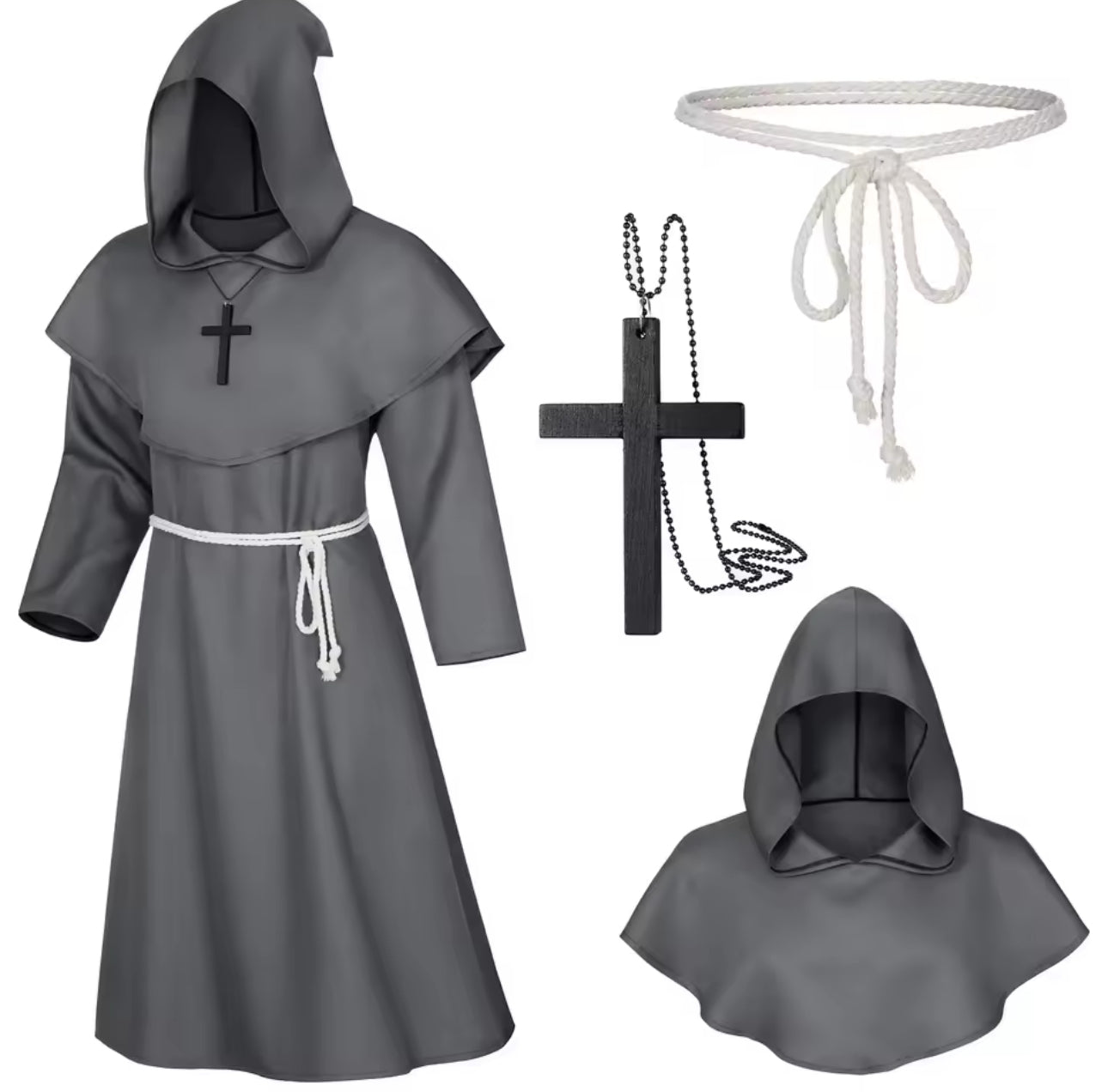 Priest Cosplay Costume Set | Cross Necklace, Rope Belt | Red, Black, Brown, Grey