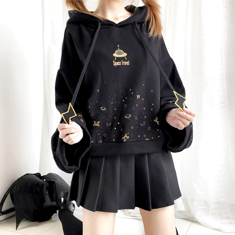 Women's - Girls Cute Cosmic / Lightning Bolt Sweater | Black Large Sleeves | Space Travel, Pullover