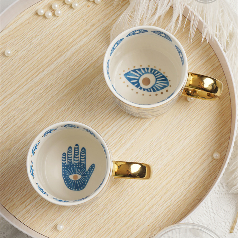 Evil Eye Hamsa Ceramic Gold Coffee Mug | Nazar Home Accessories