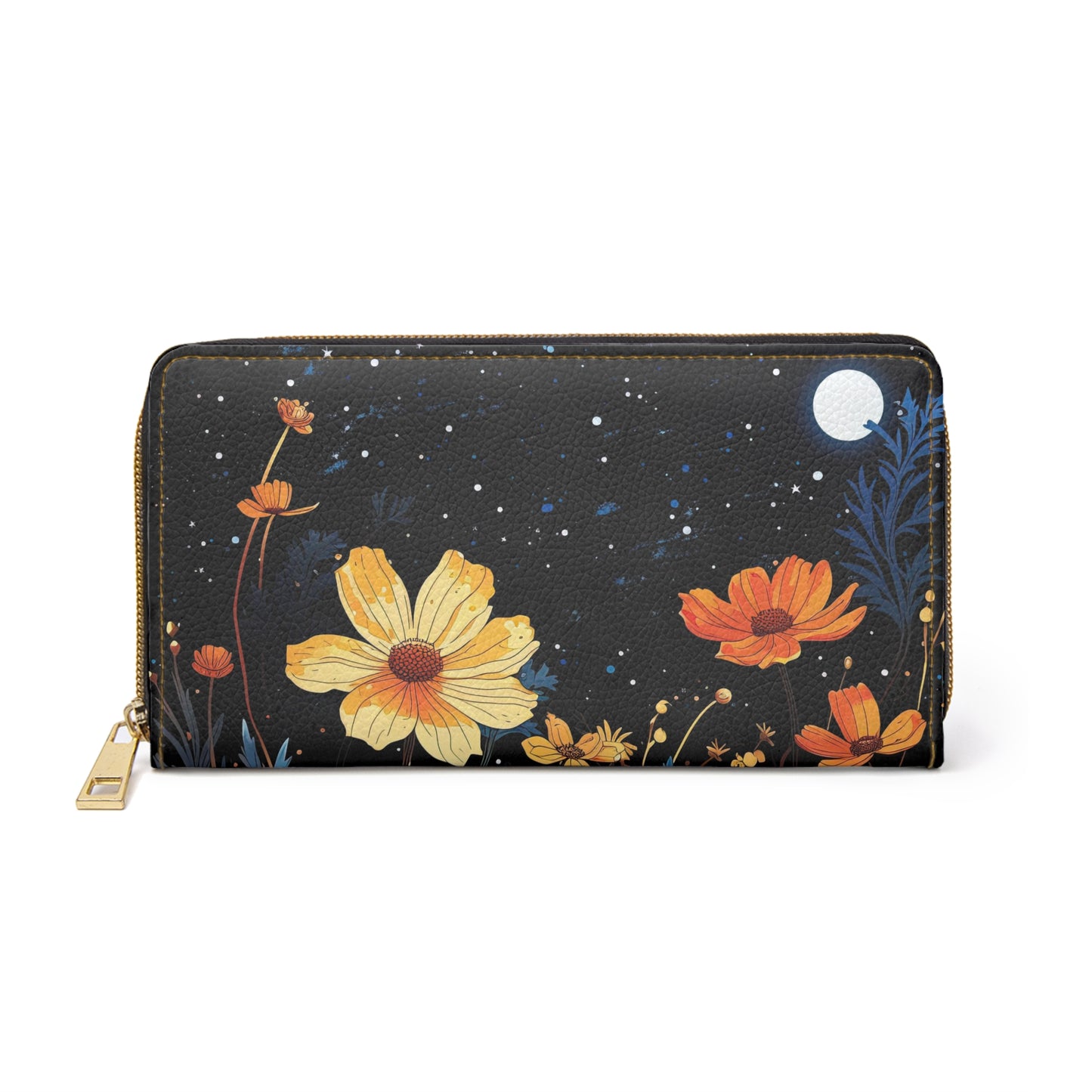 Celestial Wildflower Zipper Wallet | Moonlight Flowers Premium Design