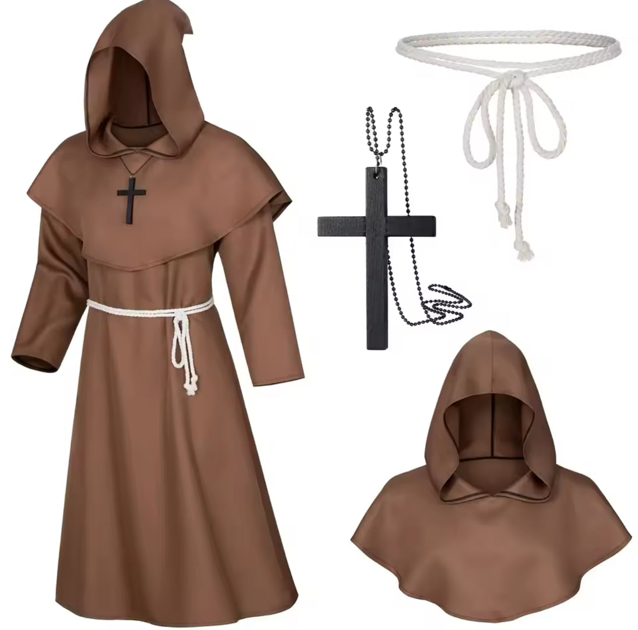 Priest Cosplay Costume Set | Cross Necklace, Rope Belt | Red, Black, Brown, Grey