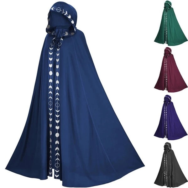 Hooded Witch Cloak Cosplay Costume | Unisex, Crescent Moon Design | Black, Red, Green, Purple, Blue