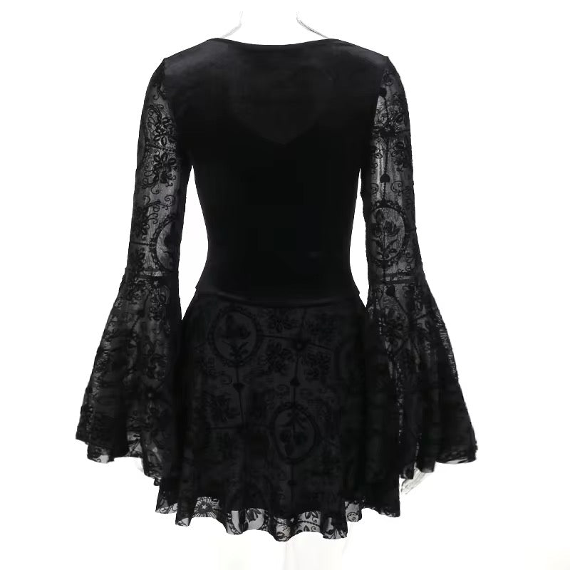 Elegant Goth Black Floral - Mesh/Lace Dress | Gothic, Emo, Long Sleeve, Corset Dress