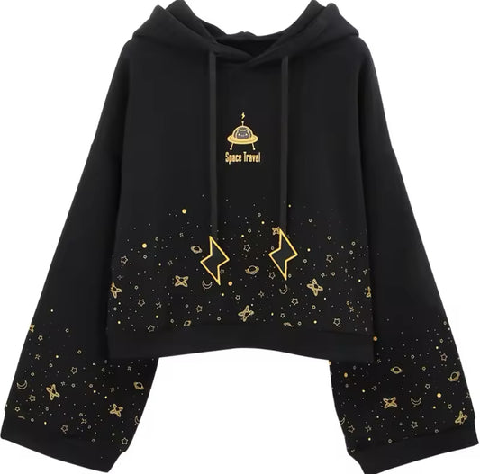 Women's - Girls Cute Cosmic / Lightning Bolt Sweater | Black Large Sleeves | Space Travel, Pullover