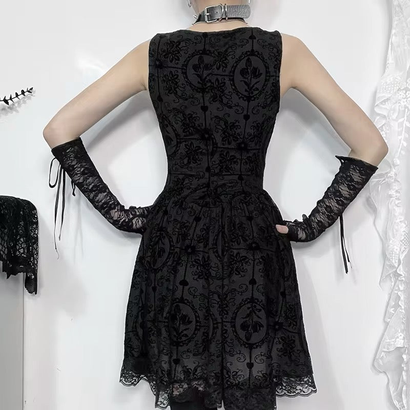 Gothic Black Floral - Mesh/Lace Dress | Goth, Emo, Sleeve Option