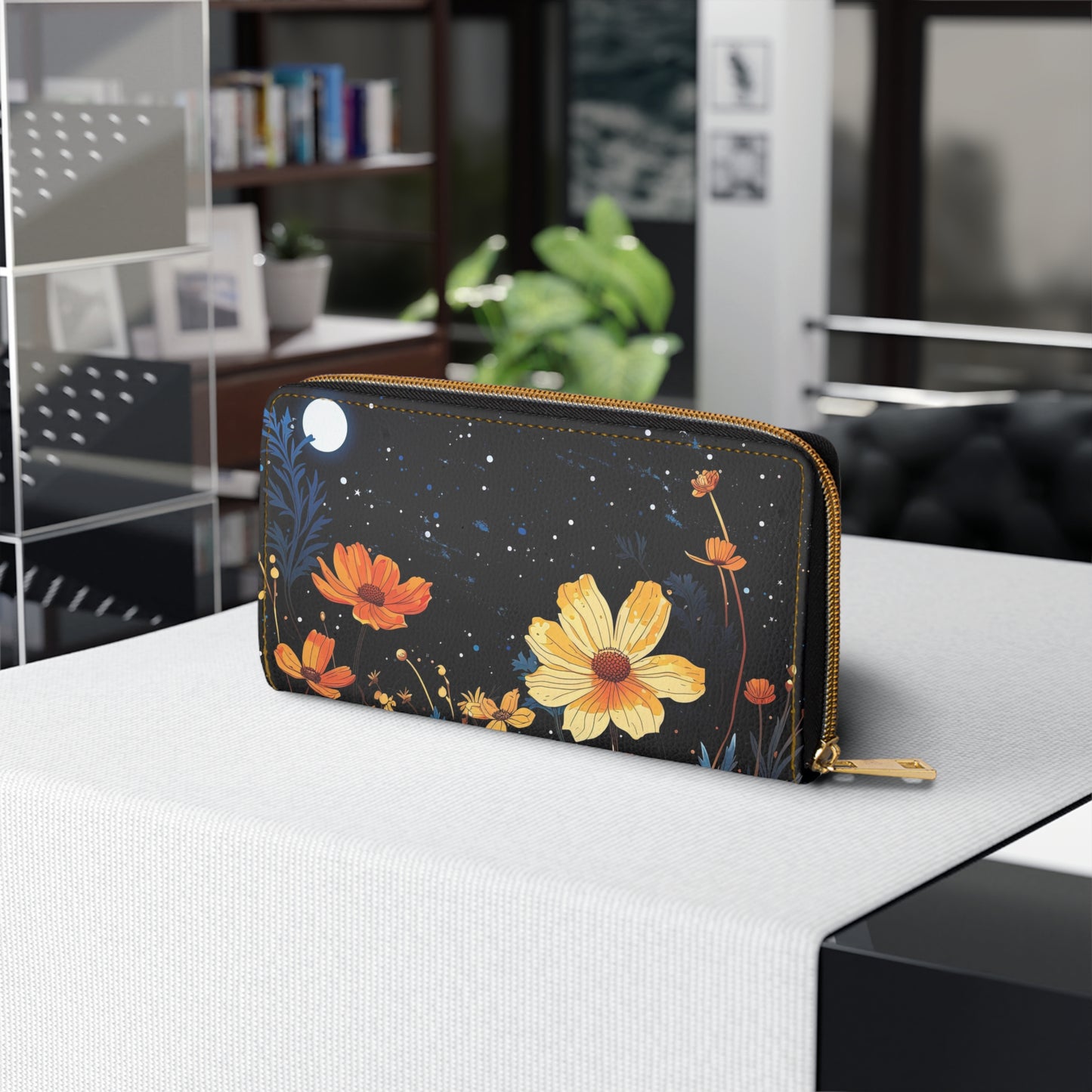 Celestial Wildflower Zipper Wallet | Moonlight Flowers Premium Design